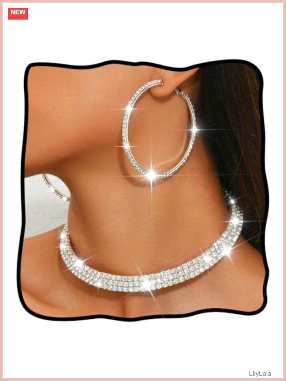 Rhinestone Necklace and Hoop Earrings Set Silver Crystal Wedding Choker Jewelry